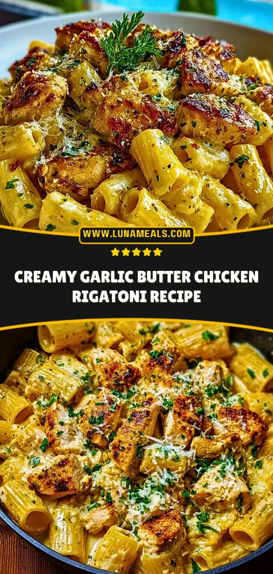 Creamy Garlic Butter Chicken Rigatoni Recipe Pin 2