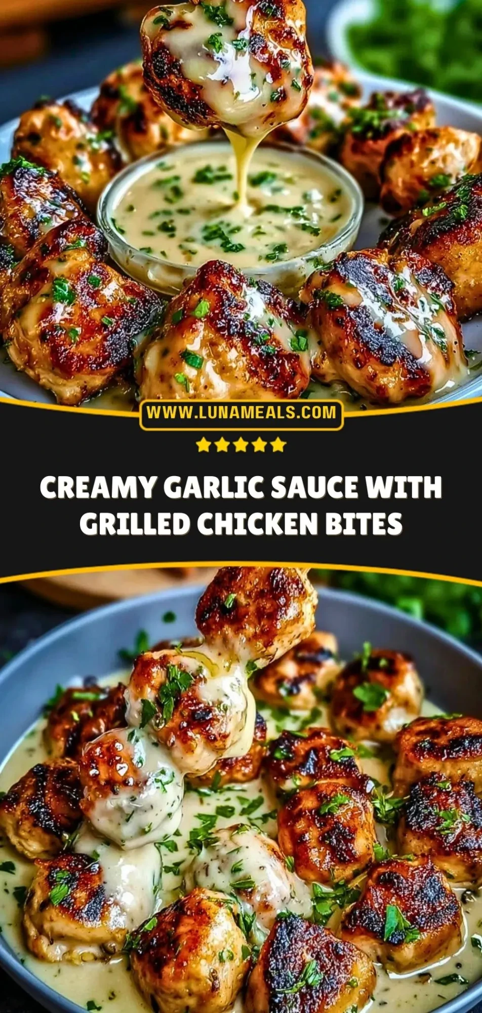 Creamy Garlic Sauce with Grilled Chicken Bites Pin 2