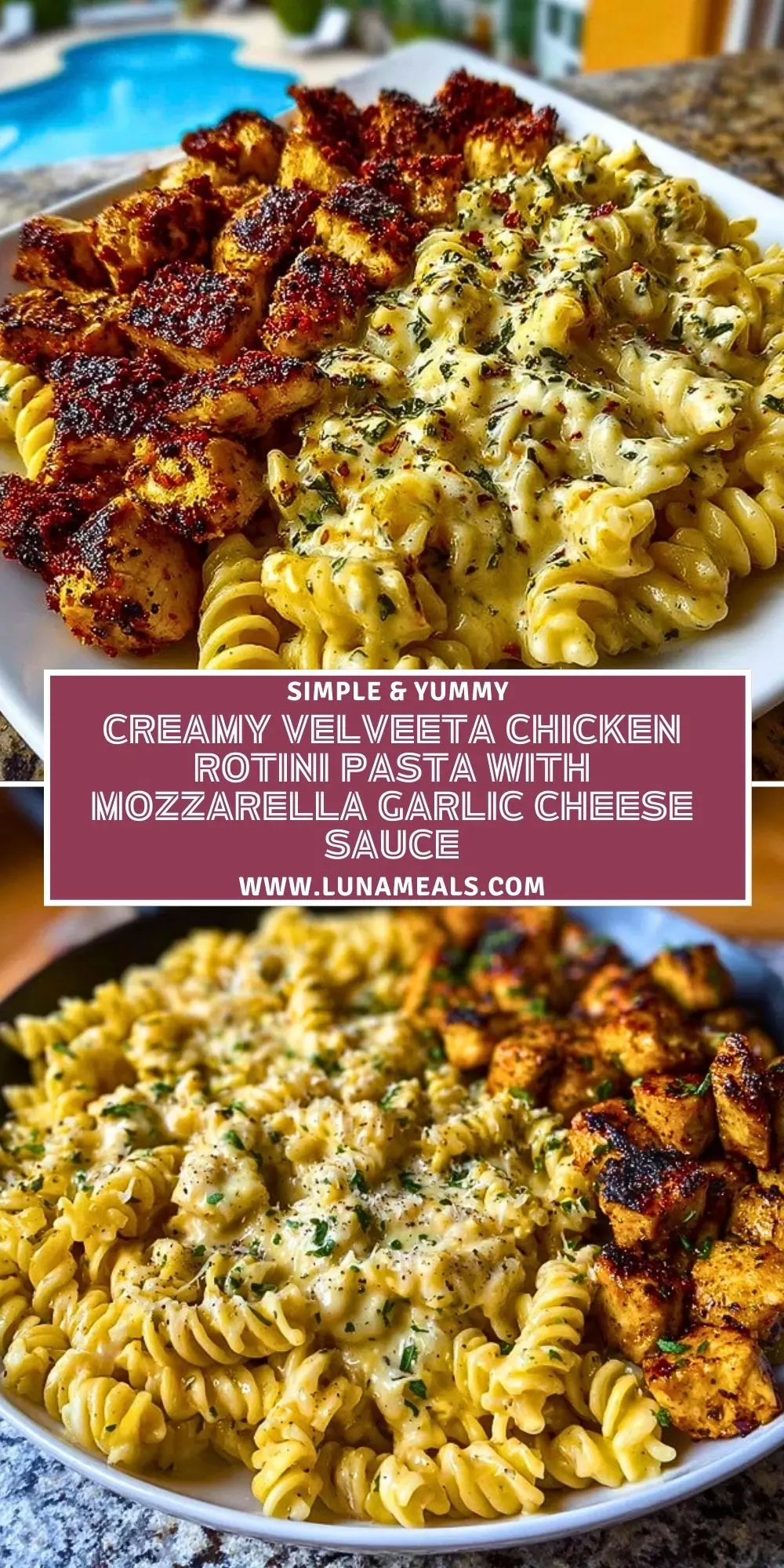 Creamy Velveeta Chicken Rotini Pasta with Mozzarella Garlic Cheese Sauce Pin 1