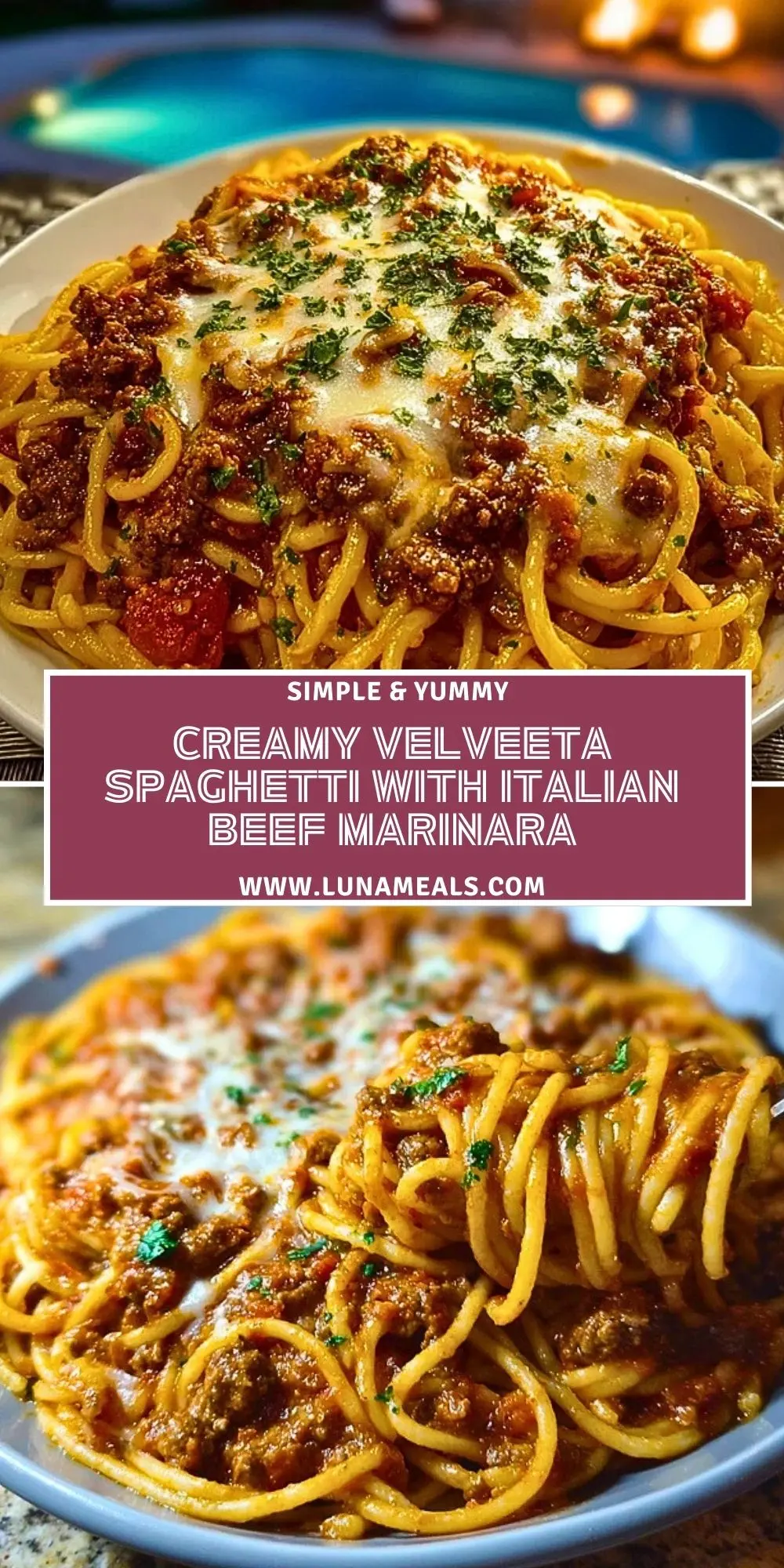 Creamy Velveeta Spaghetti with Italian Beef Marinara Pin 1