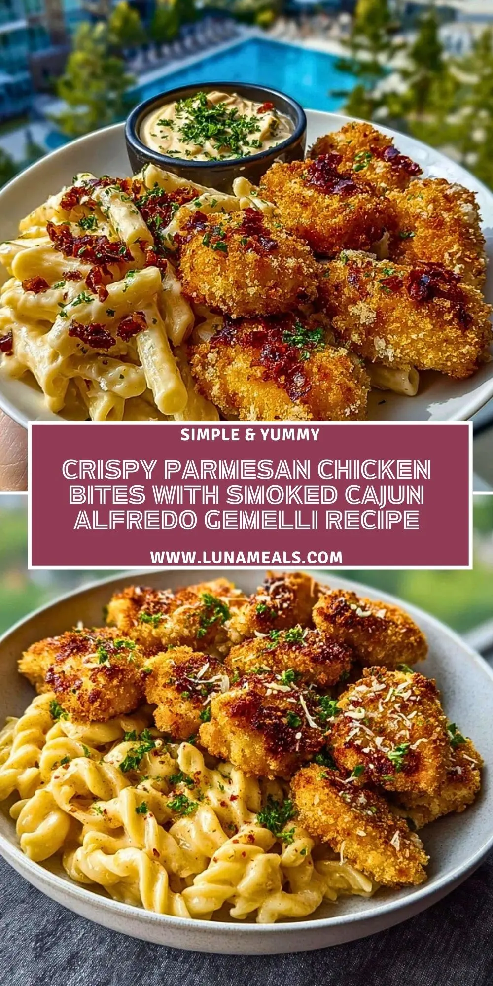 Crispy Parmesan Chicken Bites with Smoked Cajun Alfredo Gemelli Recipe Pin 1