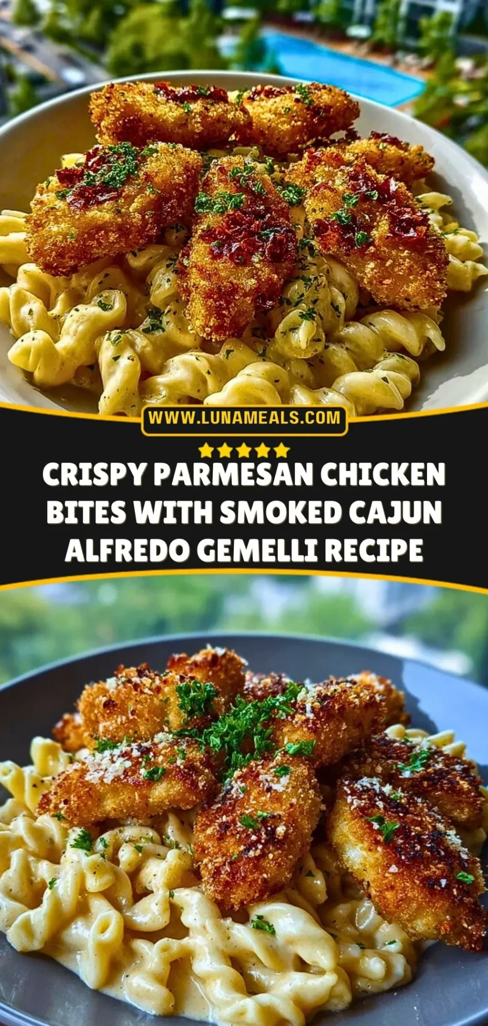 Crispy Parmesan Chicken Bites with Smoked Cajun Alfredo Gemelli Recipe Pin 2