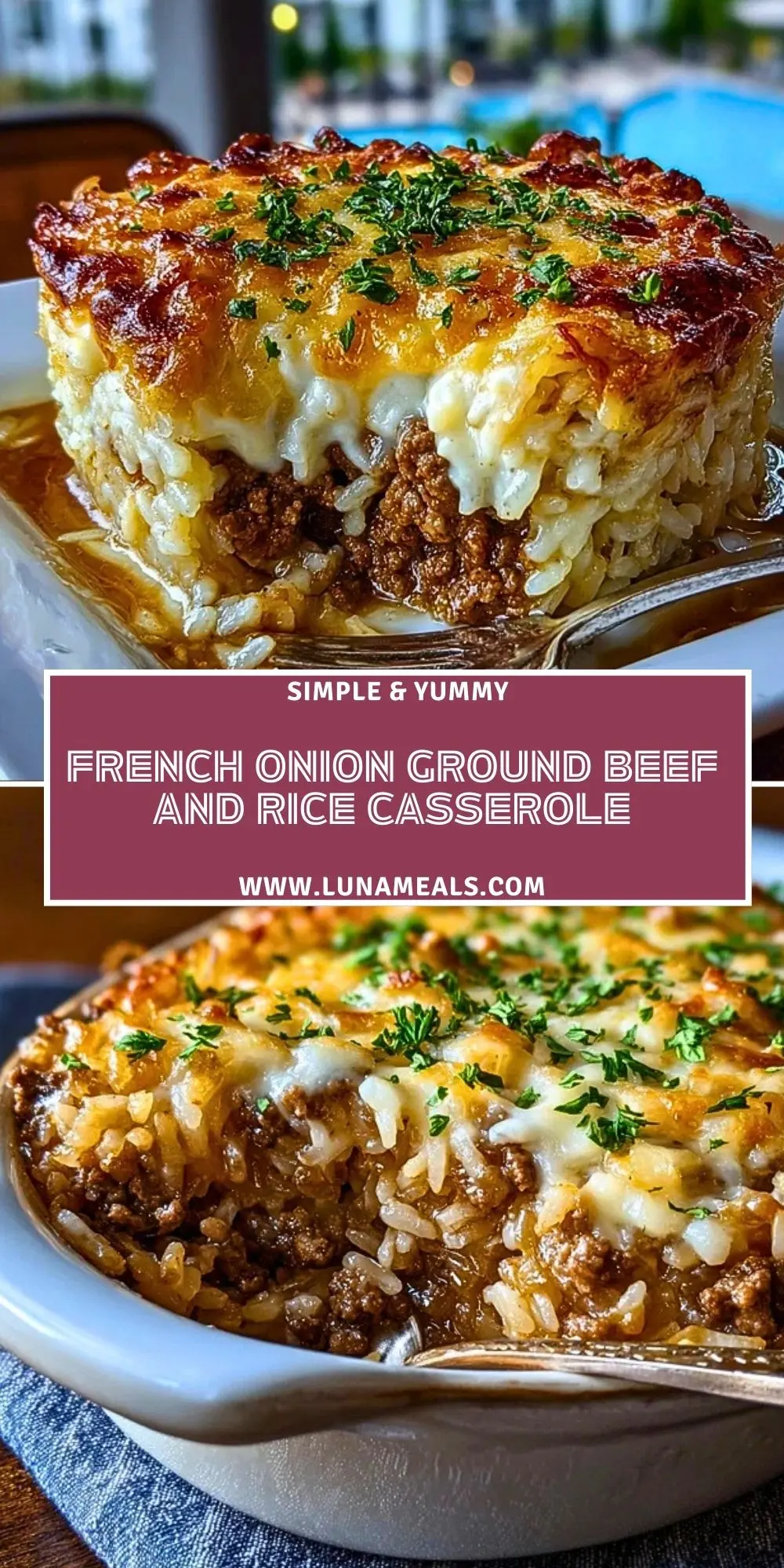 French Onion Ground Beef and Rice Casserole Pin 1