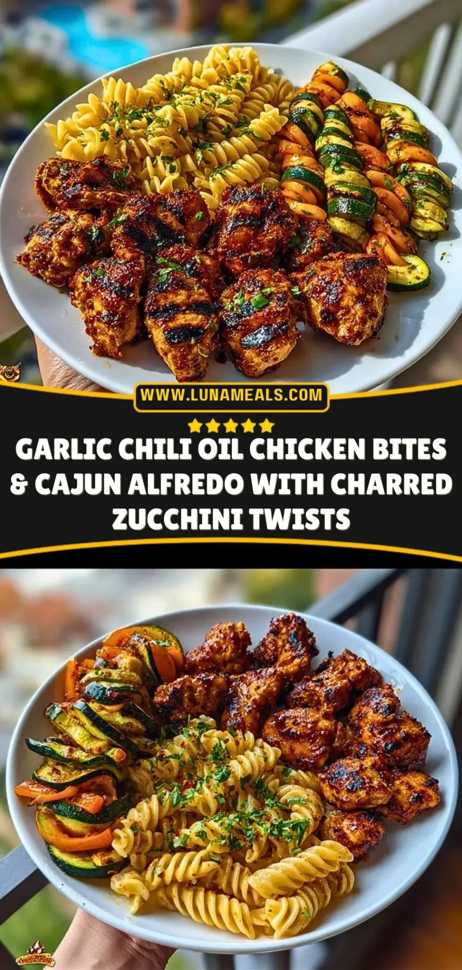 Garlic Chili Oil Chicken Bites & Cajun Alfredo with Charred Zucchini Twists Pin 2