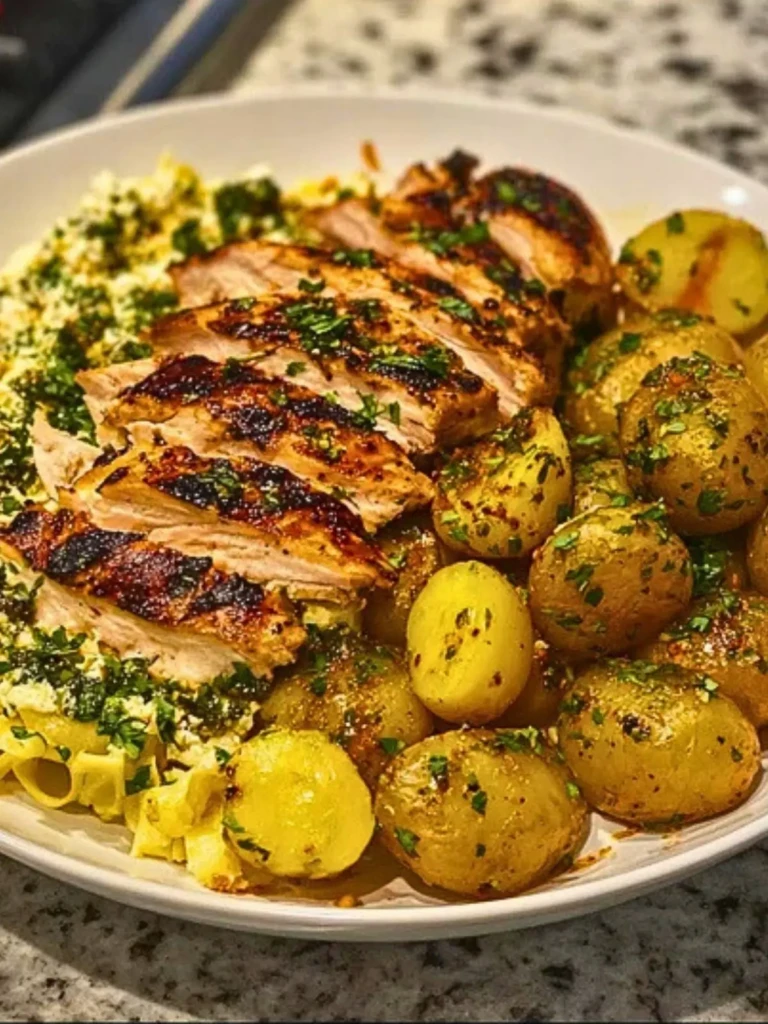 Greek Chicken Alfredo & Garlic Potatoes with Spicy Hot Honey Tahini Pesto (1)