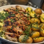 Greek Chicken Alfredo & Garlic Potatoes with Spicy Hot Honey Tahini Pesto