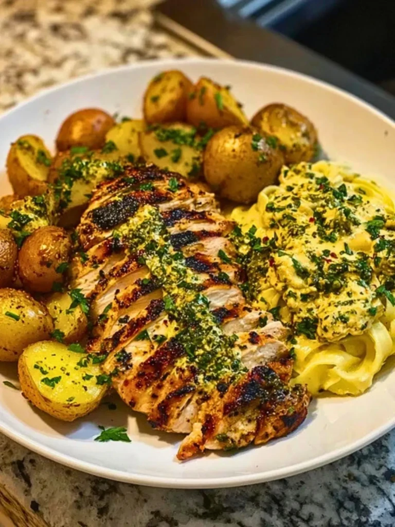 Greek Chicken Alfredo & Garlic Potatoes with Spicy Hot Honey Tahini Pesto (2)