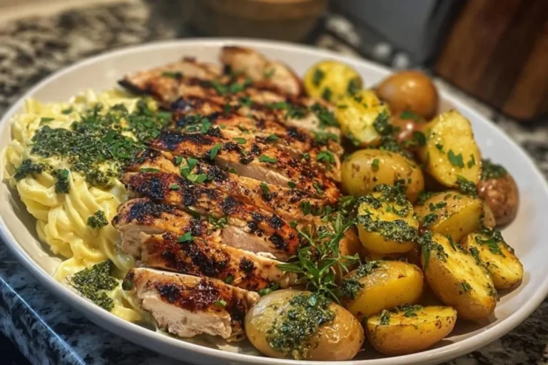 Greek Chicken Alfredo & Garlic Potatoes with Spicy Hot Honey Tahini Pesto