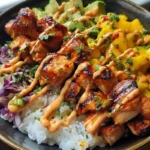 Grilled Maple Sriracha Chicken Bites with Coconut Rice & Mango Avocado Salsa Bowl with Chili Mayo 1