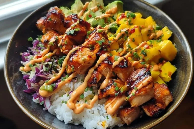 Grilled Maple Sriracha Chicken Bites with Coconut Rice & Mango Avocado Salsa Bowl with Chili Mayo 1