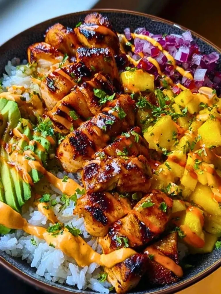 Grilled Maple Sriracha Chicken Bites with Coconut Rice & Mango Avocado Salsa Bowl with Chili Mayo 2