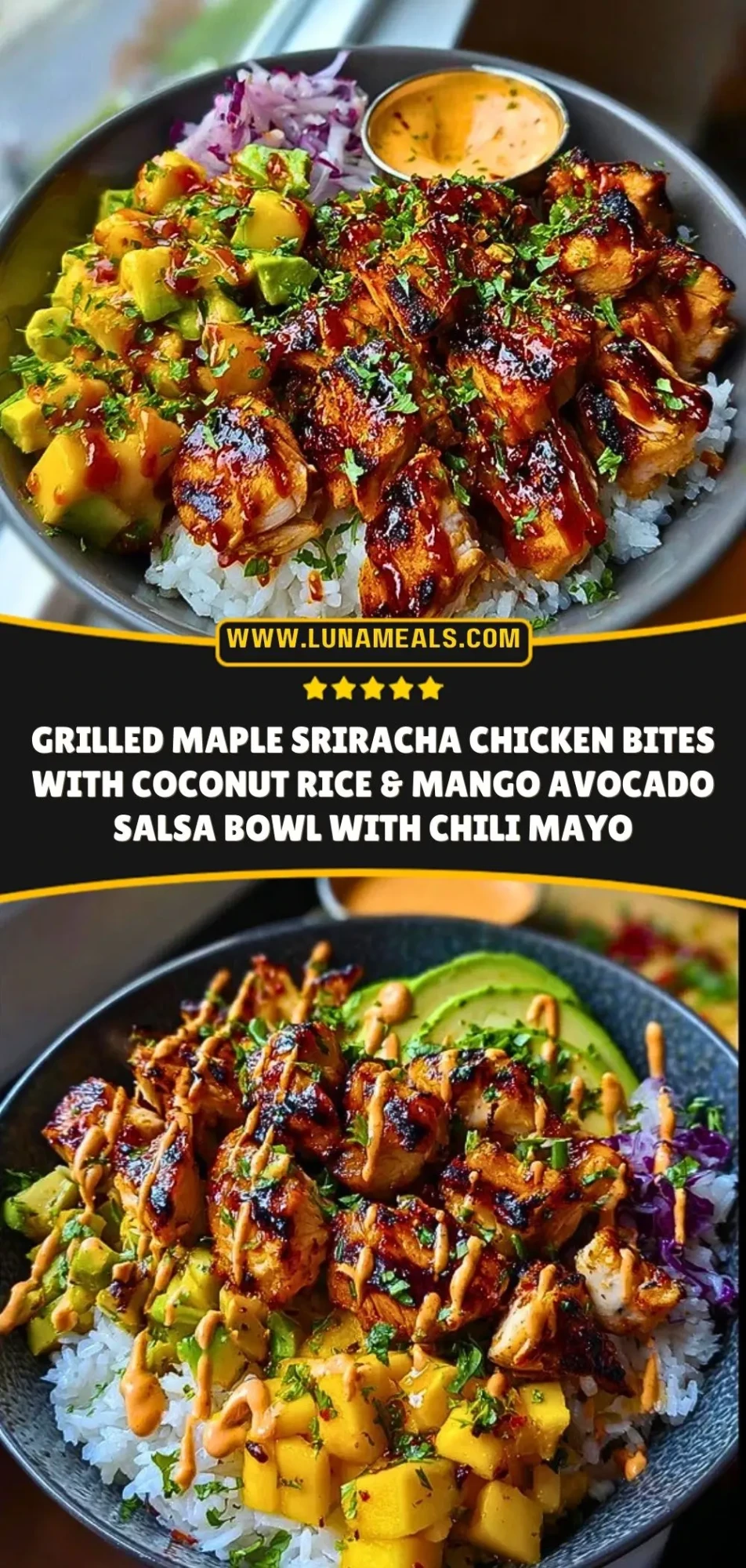 Grilled Maple Sriracha Chicken Bites with Coconut Rice & Mango Avocado Salsa Bowl with Chili Mayo Pin 2