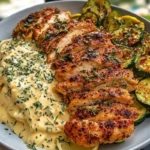Lemon Dill Chicken Alfredo with Roasted Red Pepper Whipped Feta & Crispy Parmesan Zucchini