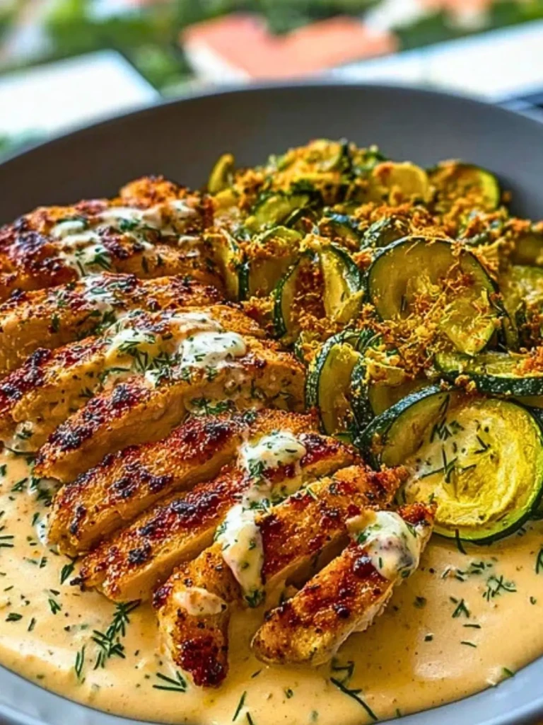 Lemon Dill Chicken Alfredo with Roasted Red Pepper Whipped Feta & Crispy Parmesan Zucchini (2)