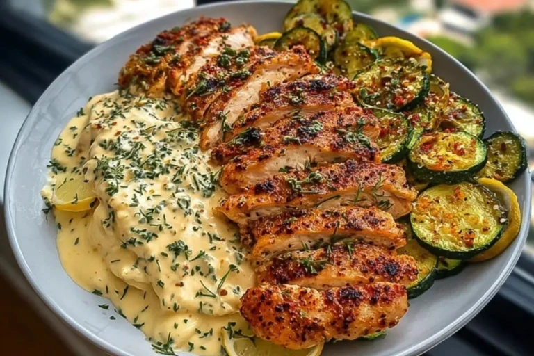Lemon Dill Chicken Alfredo with Roasted Red Pepper Whipped Feta & Crispy Parmesan Zucchini