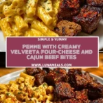 Penne with Creamy Velveeta Four-Cheese and Cajun Beef Bites Pin 1