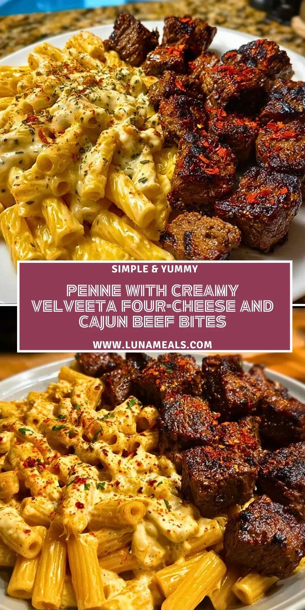 Penne with Creamy Velveeta Four-Cheese and Cajun Beef Bites Pin 1