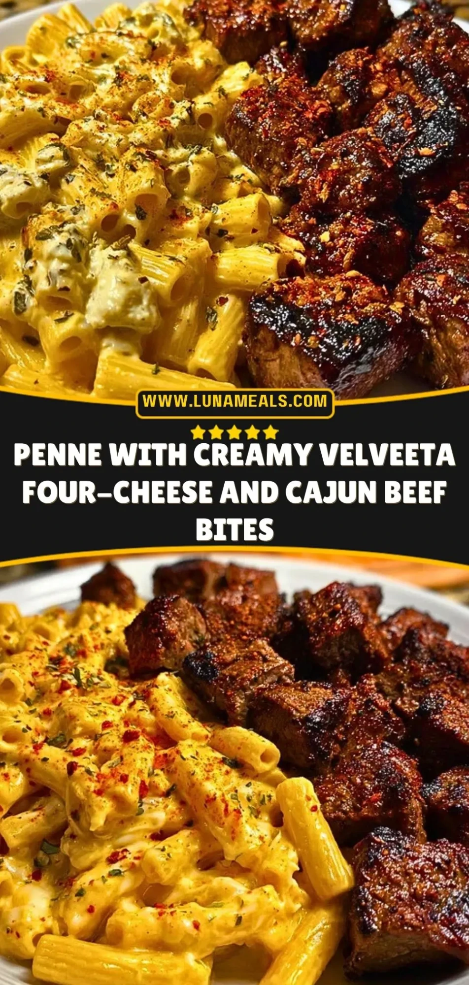Penne with Creamy Velveeta Four-Cheese and Cajun Beef Bites Pin 2