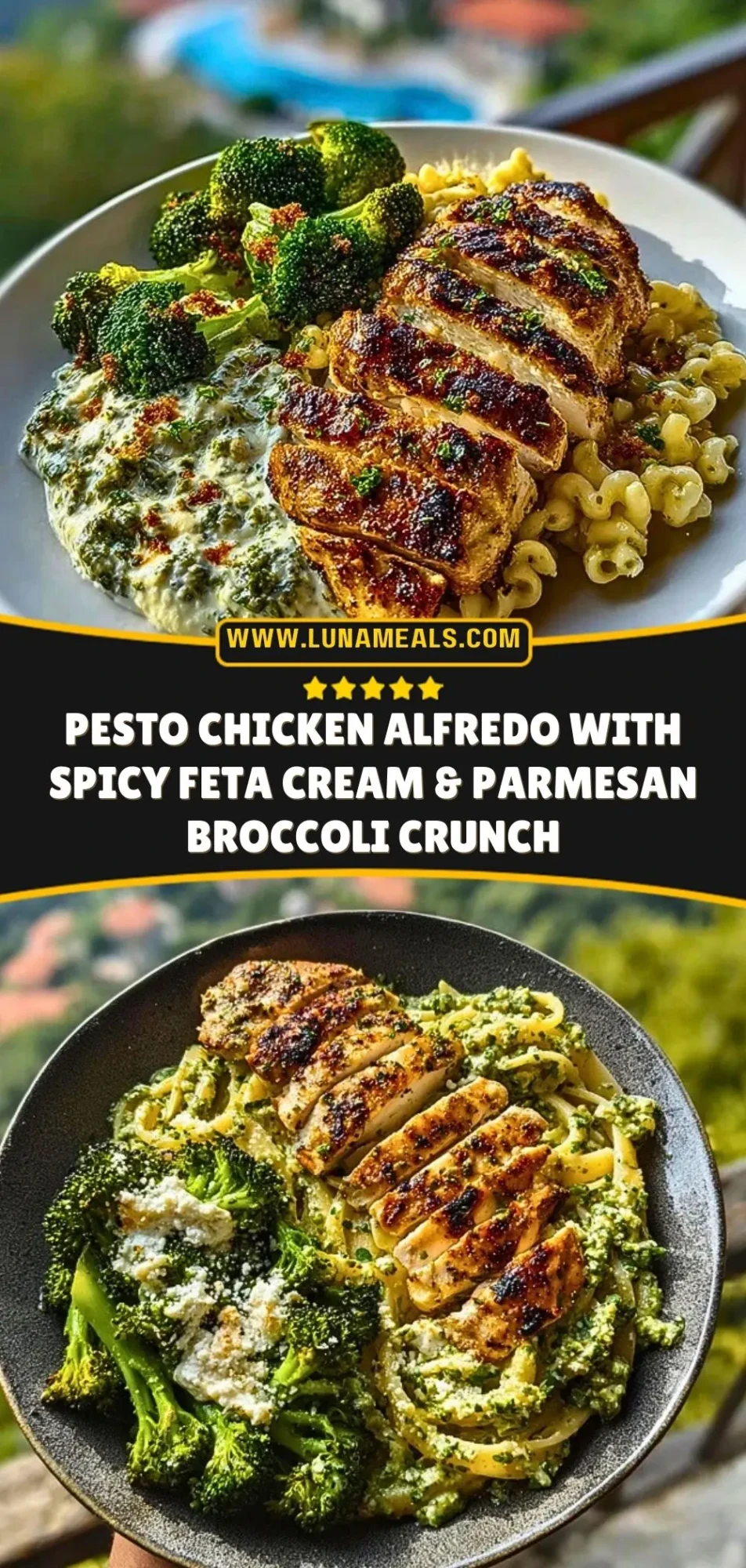 Pesto Chicken Alfredo with Spicy Feta Cream & Parmesan Broccoli Crunch Pin 2