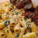 Rigatoni in Garlic Butter Parmesan Cream Sauce with Cajun Steak Tips 1