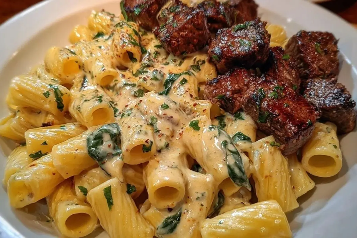 Rigatoni in Garlic Butter Parmesan Cream Sauce with Cajun Steak Tips 1