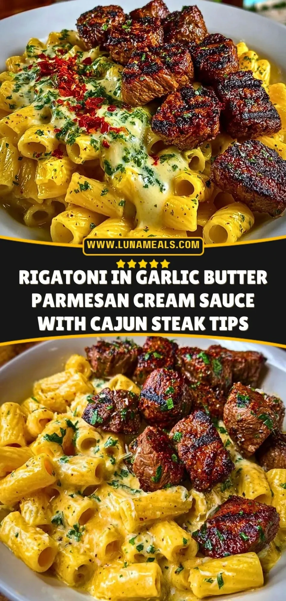 Rigatoni in Garlic Butter Parmesan Cream Sauce with Cajun Steak Tips Pin 2 (1)