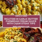 Rigatoni in Garlic Butter Parmesan Cream Sauce with Cajun Steak Tips Pin 2