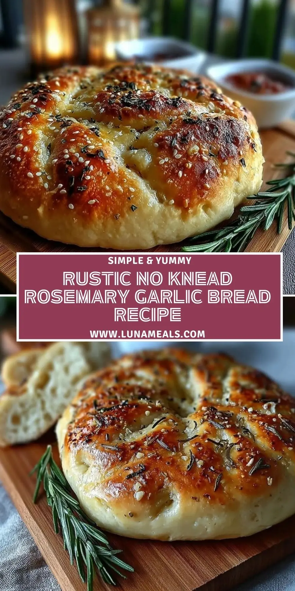 Rustic No Knead Rosemary Garlic Bread Recipe Pin 1