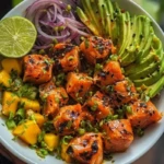 Salmon Bites with Creamy Mango-Avocado Salsa and Lime Zest Bowl 1