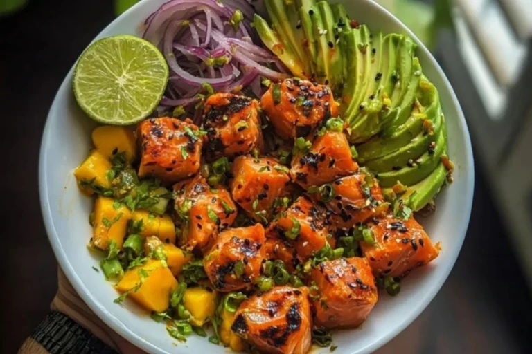 Salmon Bites with Creamy Mango-Avocado Salsa and Lime Zest Bowl 1