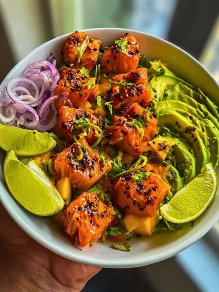 Salmon Bites with Creamy Mango-Avocado Salsa and Lime Zest Bowl 2