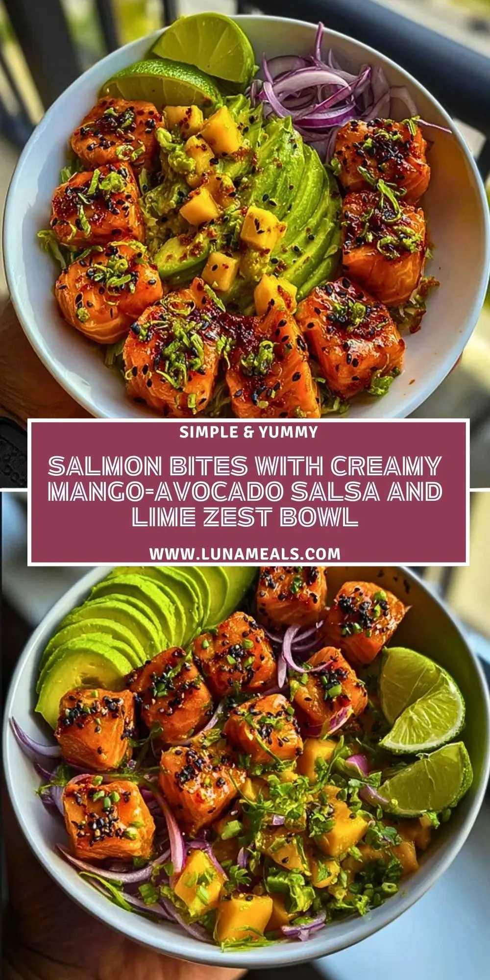 Salmon Bites with Creamy Mango-Avocado Salsa and Lime Zest Bowl Pin 1