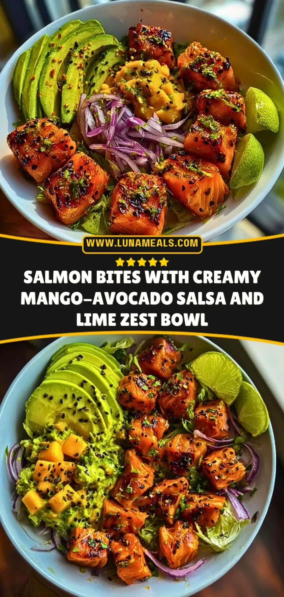 Salmon Bites with Creamy Mango-Avocado Salsa and Lime Zest Bowl Pin 2