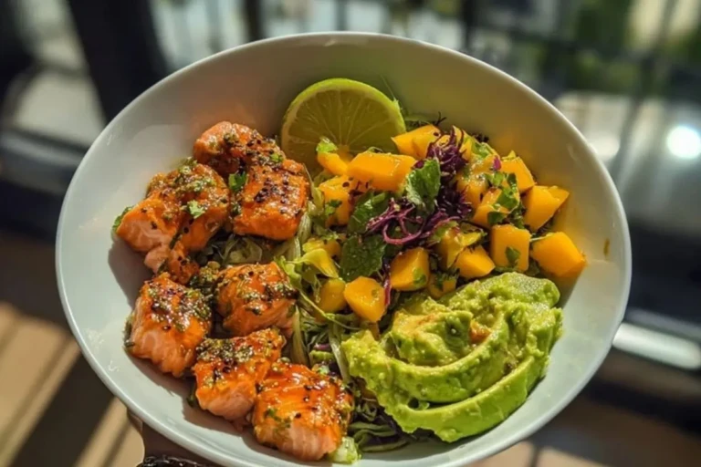 Salmon Bites with Mango-Avocado Salsa and Lime Zest Bowl 1