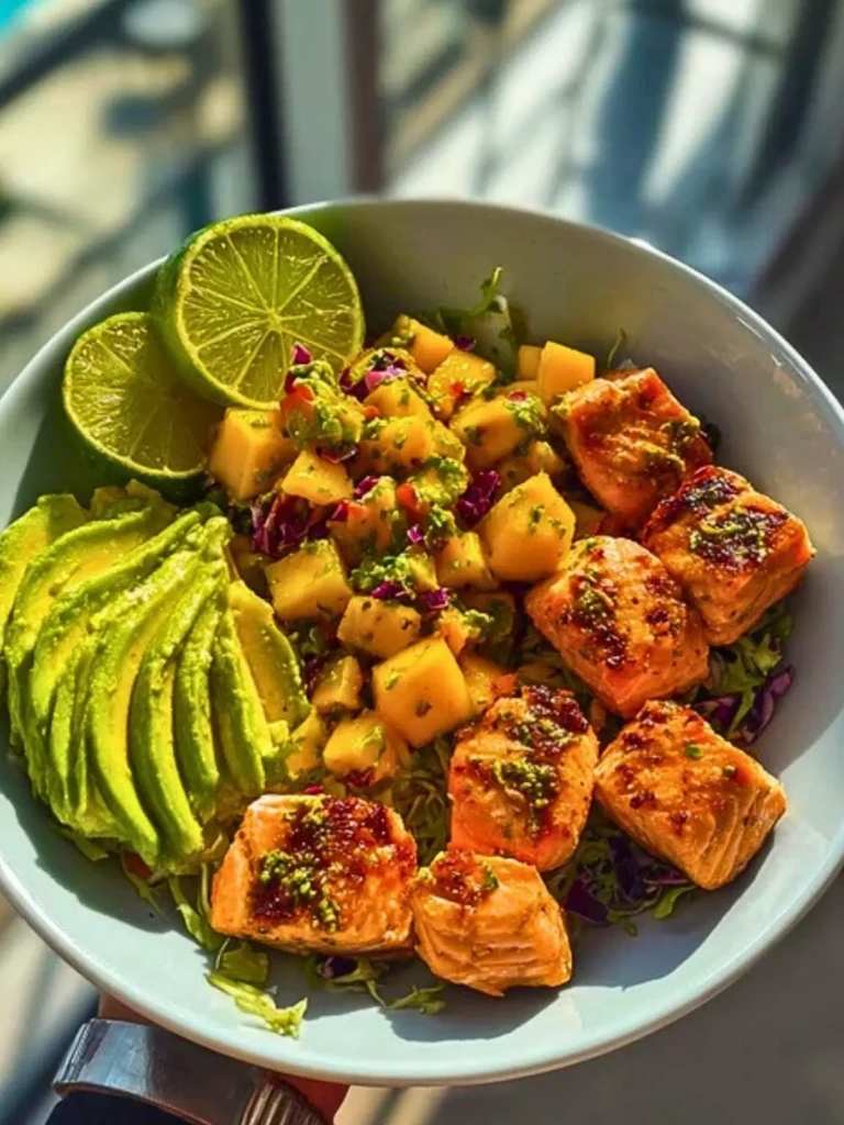 Salmon Bites with Mango-Avocado Salsa and Lime Zest Bowl 2