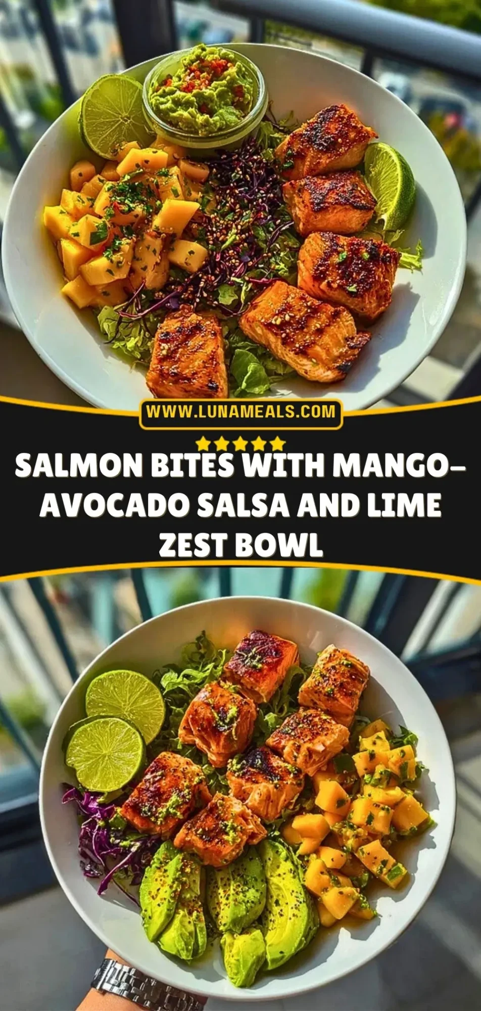 Salmon Bites with Mango-Avocado Salsa and Lime Zest Bowl Pin 2 (1)
