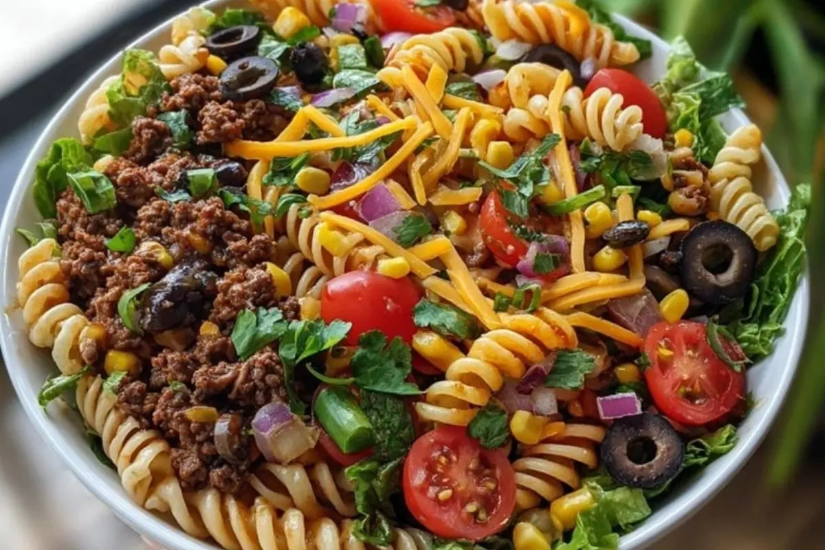 Seasoned Ground Beef Taco Pasta Salad Bowl 1