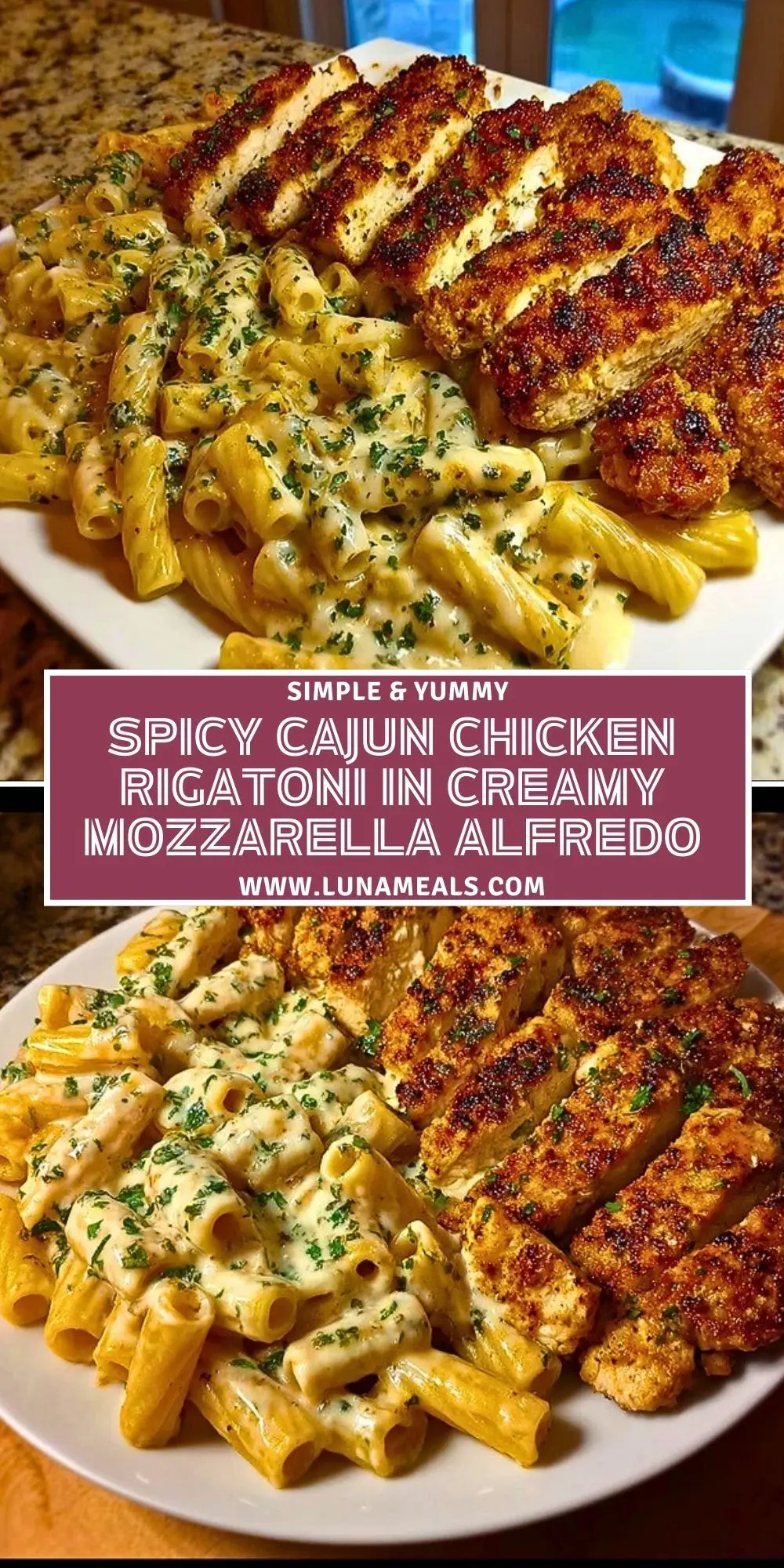 Spicy Cajun Chicken Rigatoni in Creamy Mozzarella Alfredo Pin 1