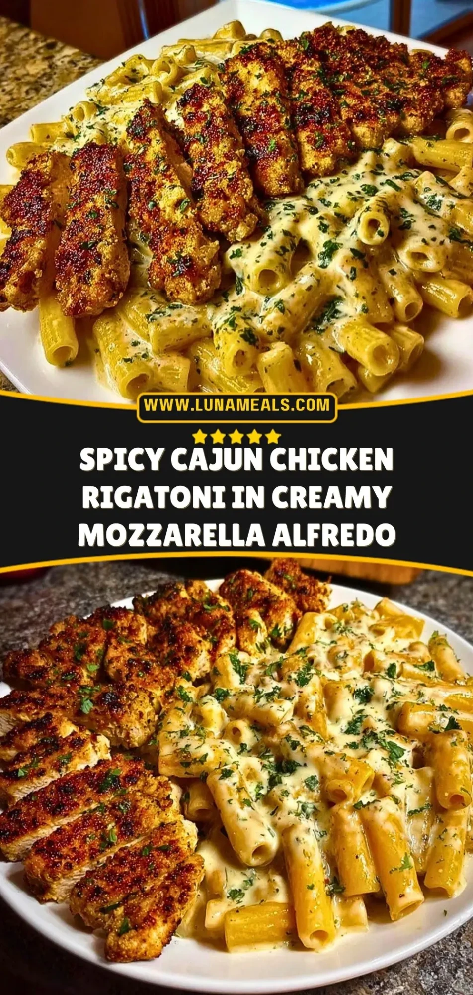 Spicy Cajun Chicken Rigatoni in Creamy Mozzarella Alfredo Pin 2