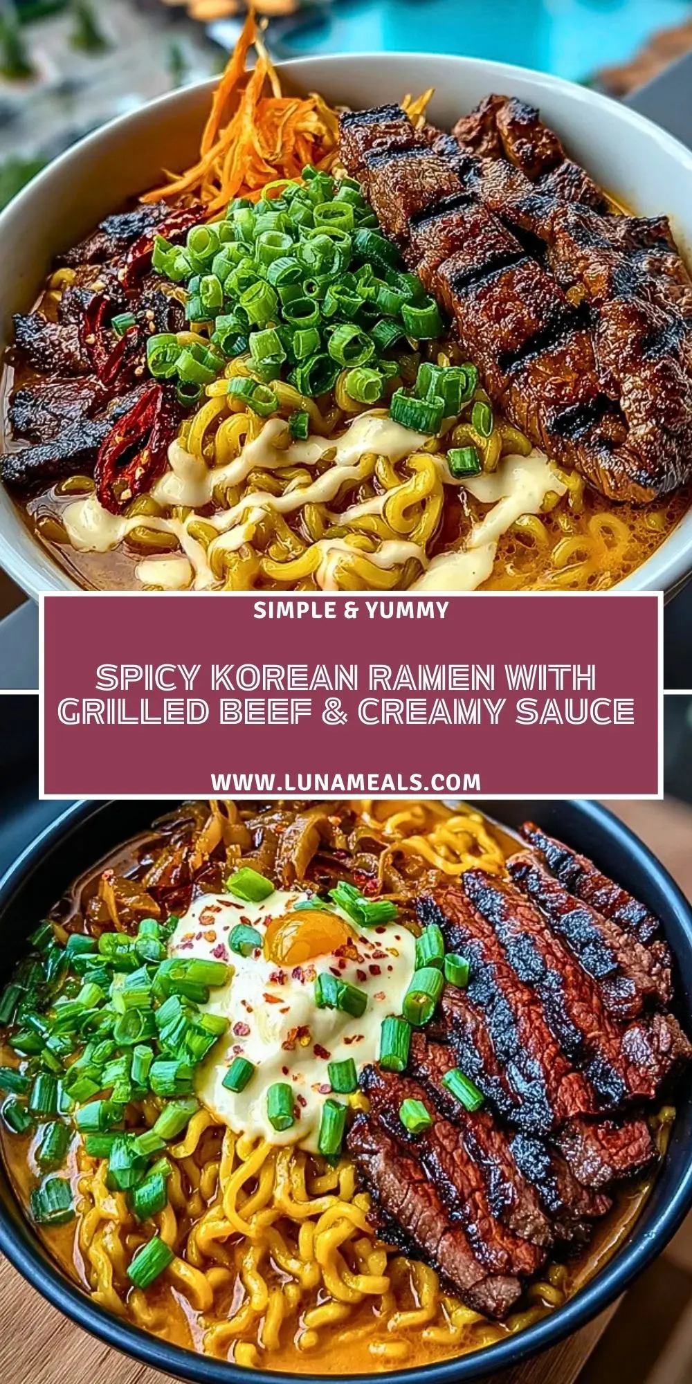 Spicy Korean Ramen with Grilled Beef & Creamy Sauce Pin 1