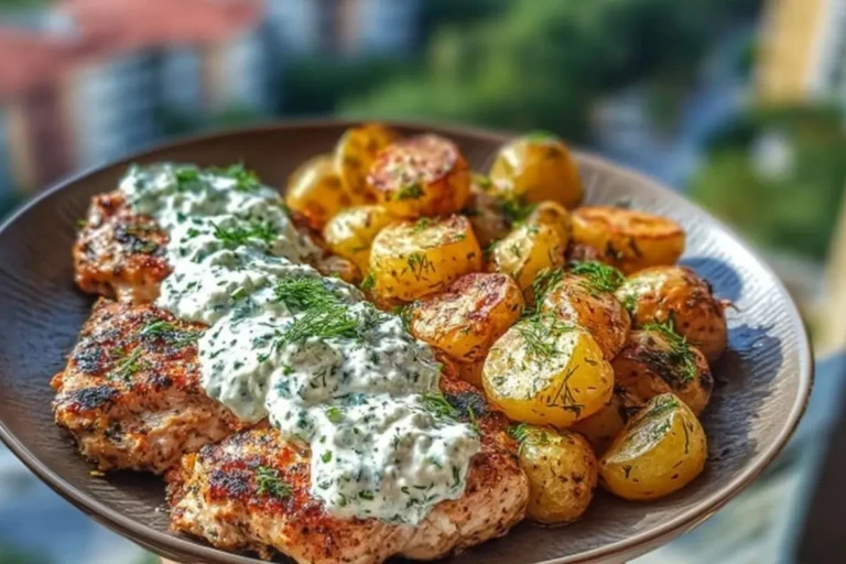 Spicy Yogurt Marinated Chicken with Dill Feta Cream & Crispy Baby Potatoes 1