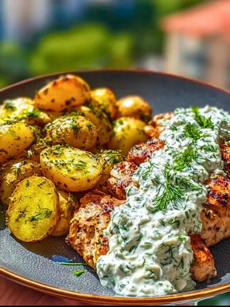 Spicy Yogurt Marinated Chicken with Dill Feta Cream & Crispy Baby Potatoes 2