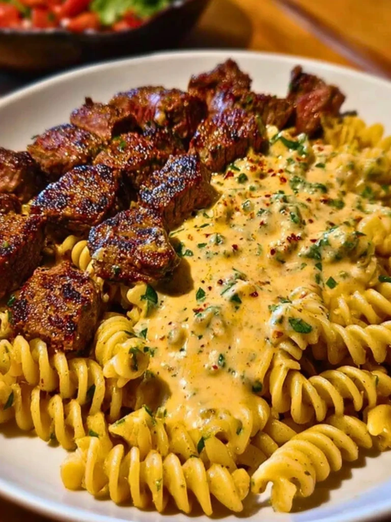 Steak Bites in Garlic Parmesan Sauce over Rotini 2