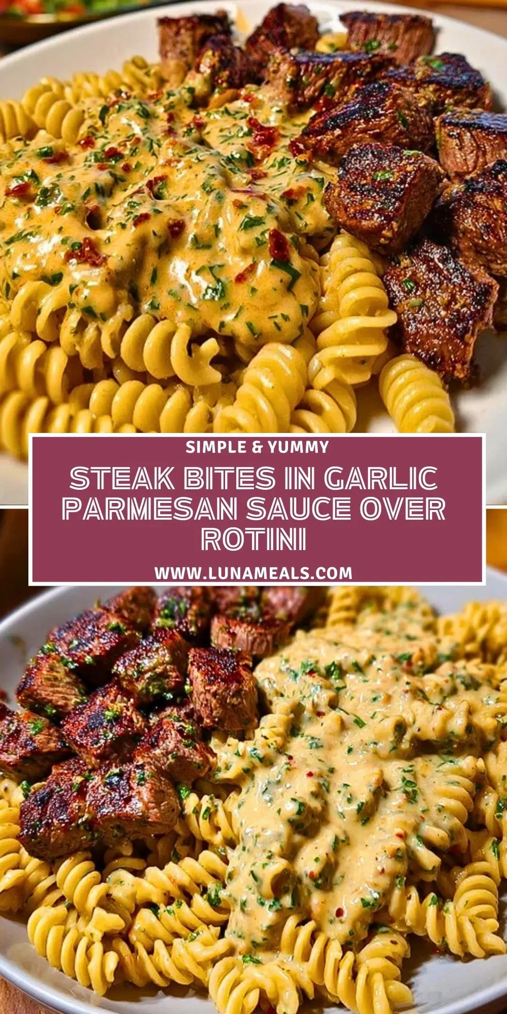 Steak Bites in Garlic Parmesan Sauce over Rotini Pin 1