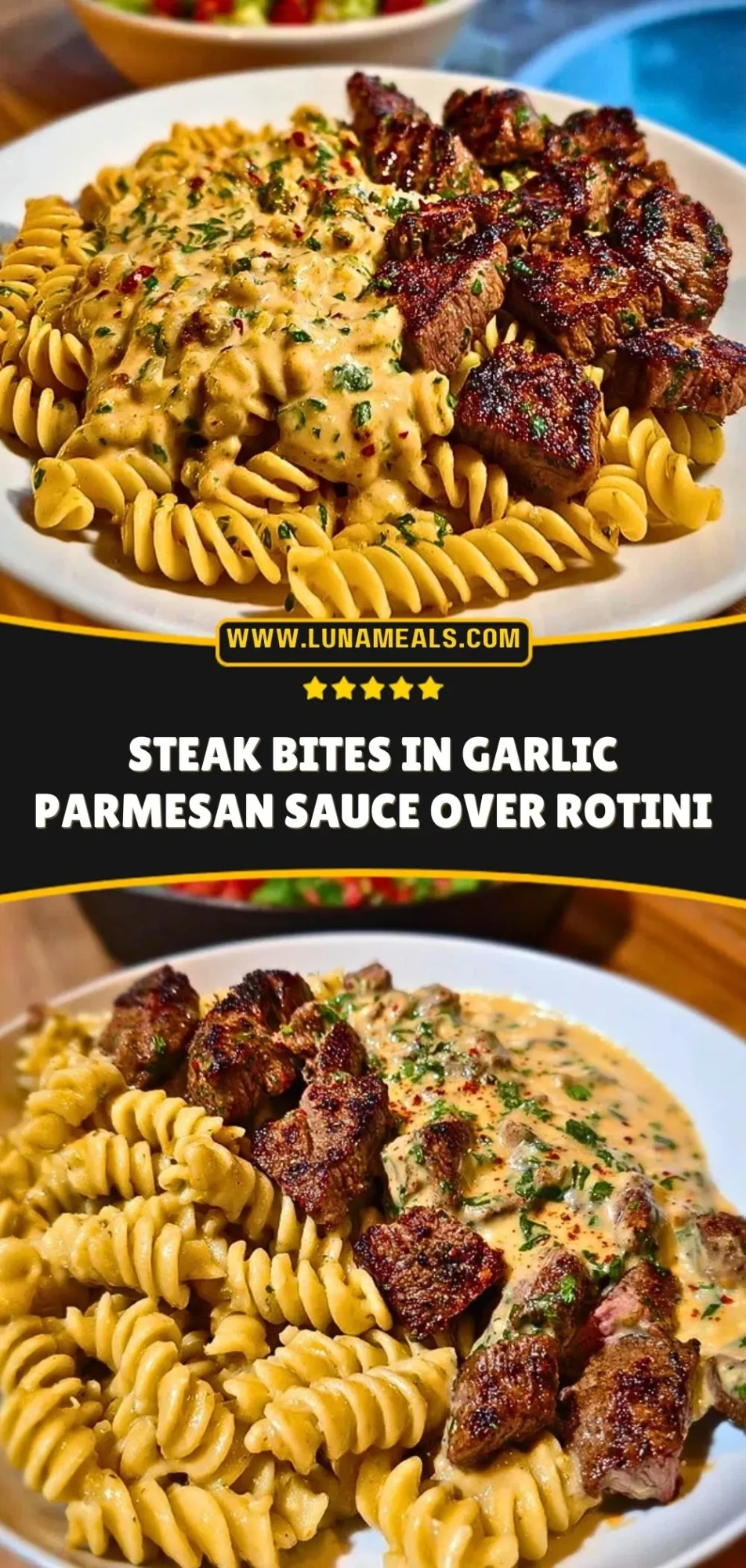 Steak Bites in Garlic Parmesan Sauce over Rotini Pin 2