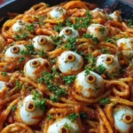 Bloody Spaghetti with Mozzarella Eyeballs