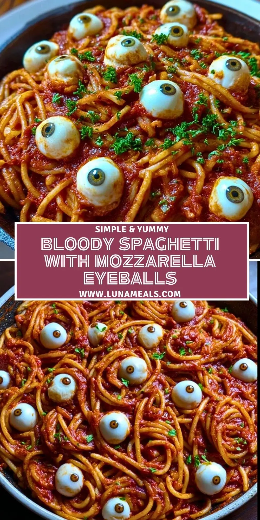 Bloody Spaghetti with Mozzarella Eyeballs Pin 1