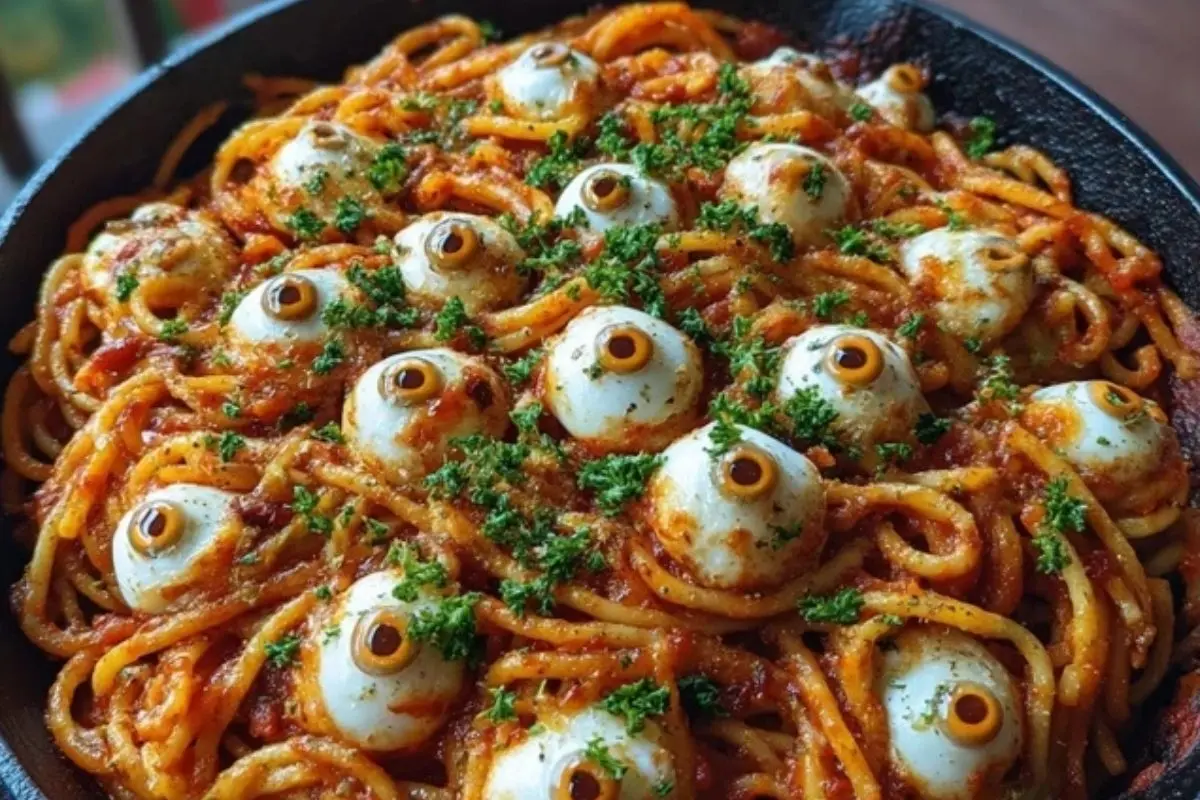 Bloody Spaghetti with Mozzarella Eyeballs