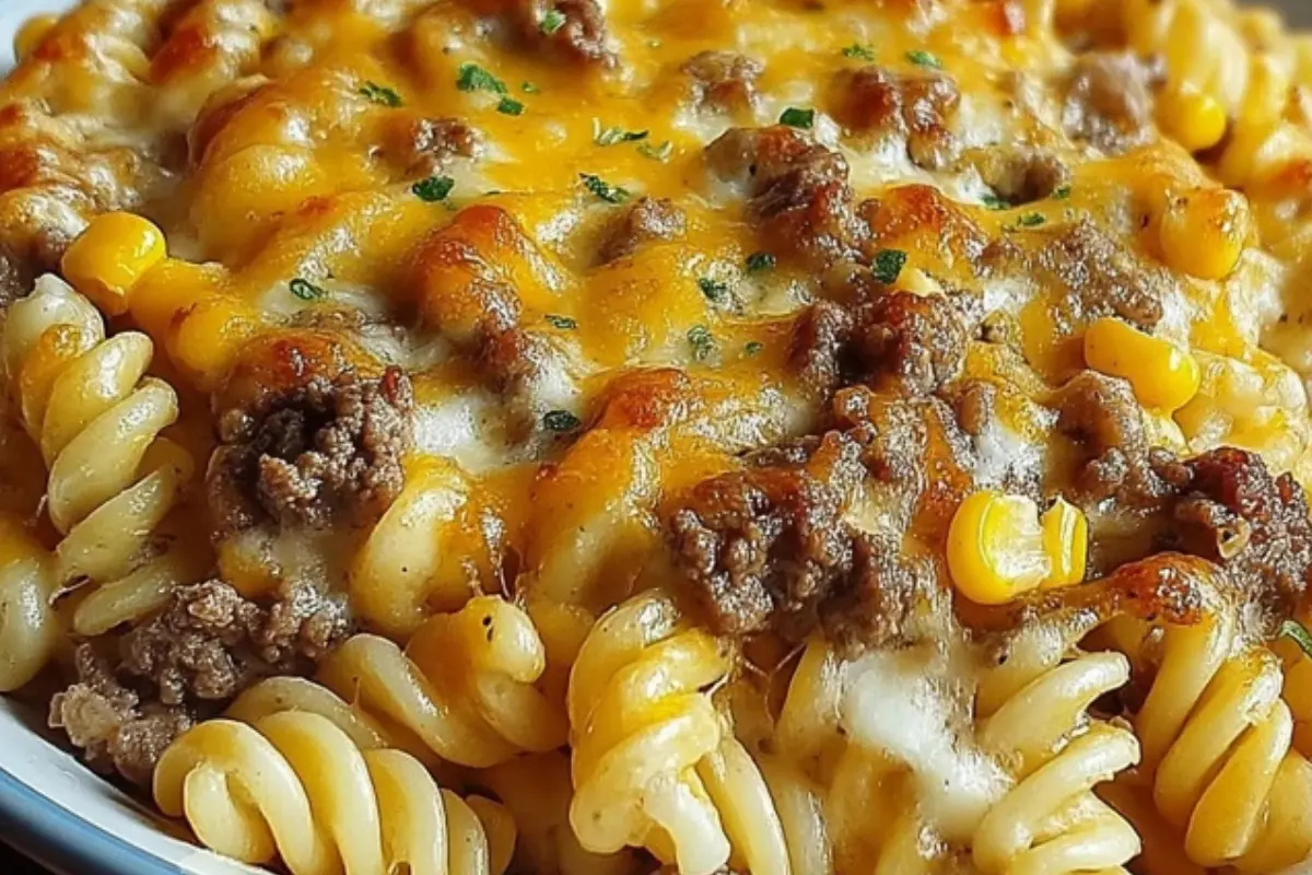 Cheesy Ranch Rotini Bake with Beef and Sweet Corn