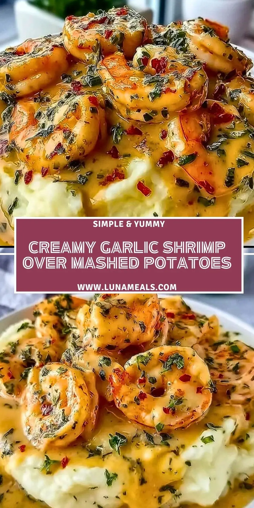 Creamy Garlic Shrimp Over Mashed Potatoes Pin 1
